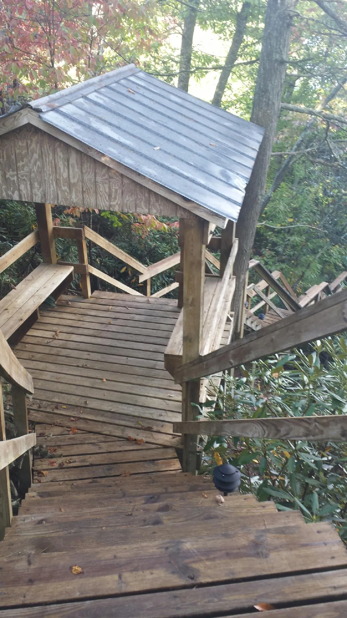 Metal roofed shelter over wooden steps on a wooded walkway — Skylight Repair & Installation work by our crew in Nebo
